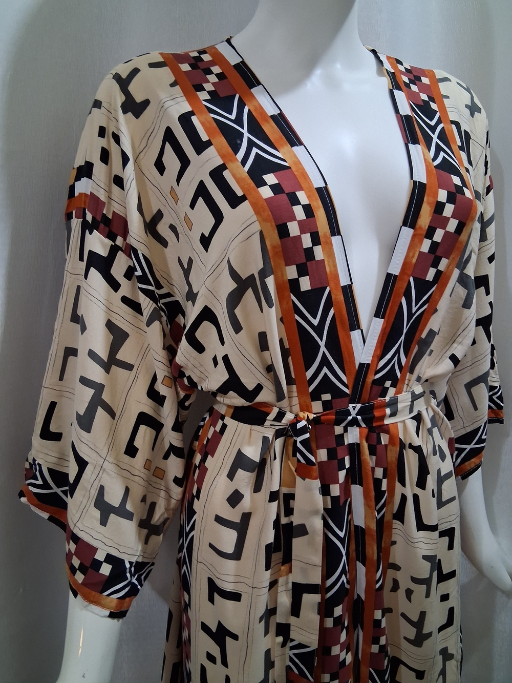 Geometric Print Belted Kimono in Cream & Rust